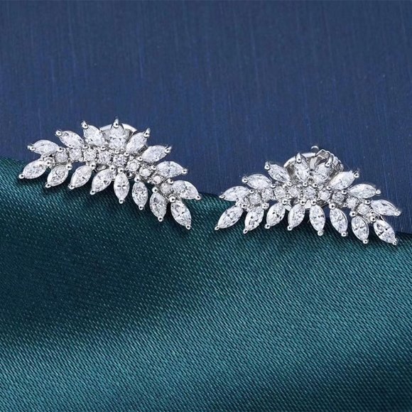 Jewelry - "Trend Brass 3A Cubic Zirconia Leaf Shaped Stud Earrings, MLNN1352